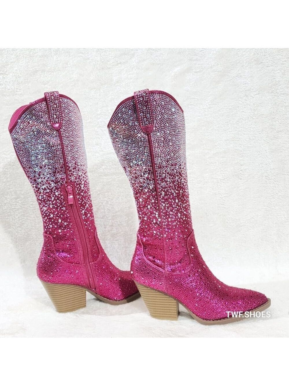 Posh Wild Ones Fuchsia Ombre Rhinestone Western Cowgirl Knee Boots Hot Pink - Picture 6 of 17